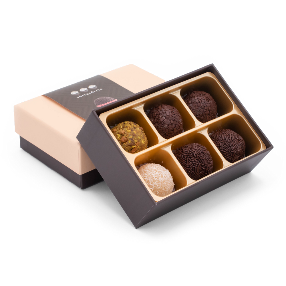 
                  
                    Box of 6 pre assorted brigadeiros (Pistachio, coconut, milk chocolate, dark chocolate)
                  
                